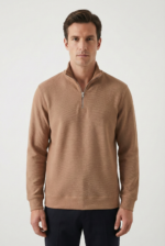 Erkek Krem Yarım Fermuarlı Dik Yaka Sweatshirt Slim Fit