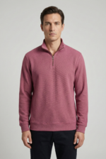 Erkek Pembe Yarım Fermuarlı Dik Yaka Sweatshirt Slim Fit