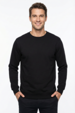 Erkek Siyah Sweatshirt Slim Fit Bisiklet Yaka Düz Pamuklu