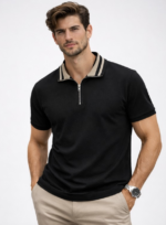 Siyah Yarım Fermuarlı Polo Yaka Erkek Tişört