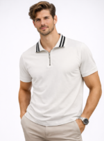 Beyaz Yarım Fermuarlı Polo Yaka Erkek Tişört