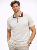 Premium Yarım Fermuarlı Erkek Polo Tişört – Kırmızı Şeritli Yaka